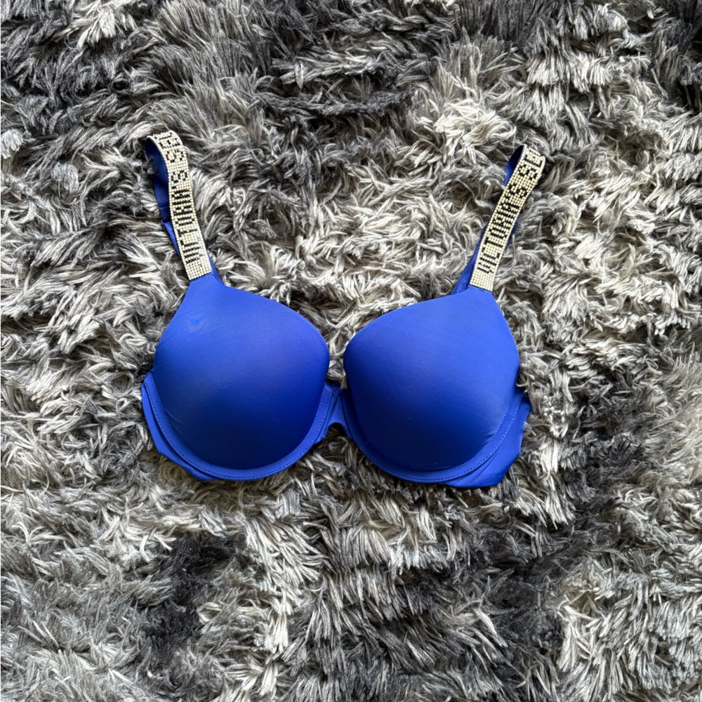 Victoria’s Secret Blue Push-Up Bra | Rhinestone Bling Strap Logo | Glam Lingerie